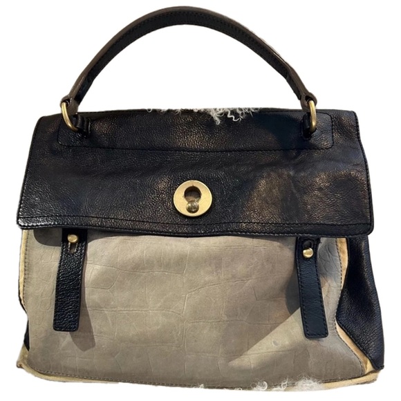 YSL Yves Saint Laurent Muse II Shoulder Bag Black & Tan Canvas Leather Satchel - Picture 1 of 13